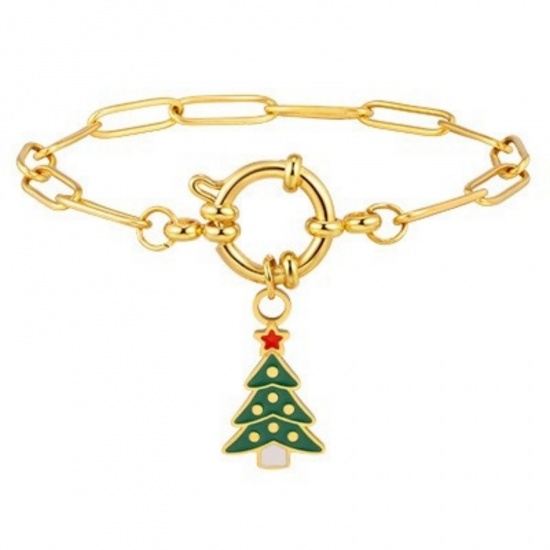 Изображение 1 Piece Eco-friendly Stylish Exquisite 18K Gold Plated Green 201 Stainless Steel Link Cable Chain Christmas Tree Enamel Charm Bracelets For Women Gift 18cm(7.1") long