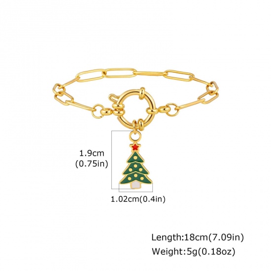 Изображение 1 Piece Eco-friendly Stylish Exquisite 18K Gold Plated Green 201 Stainless Steel Link Cable Chain Christmas Tree Enamel Charm Bracelets For Women Gift 18cm(7.1") long