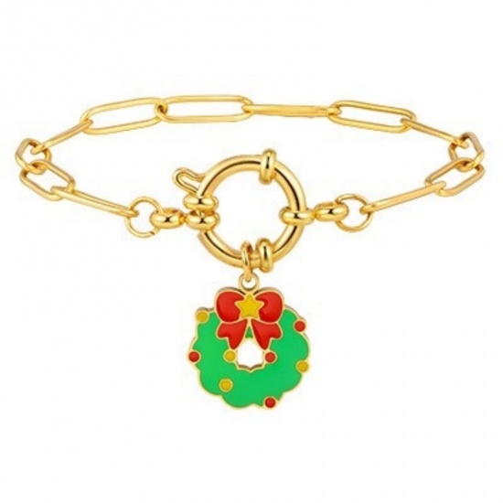 Изображение 1 Piece Eco-friendly Stylish Exquisite 18K Gold Plated Green 201 Stainless Steel Link Cable Chain Christmas Wreath Enamel Charm Bracelets For Women Gift 18cm(7.1") long