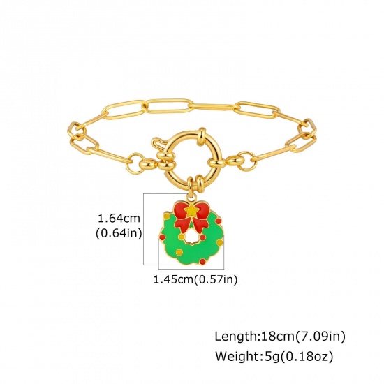 Изображение 1 Piece Eco-friendly Stylish Exquisite 18K Gold Plated Green 201 Stainless Steel Link Cable Chain Christmas Wreath Enamel Charm Bracelets For Women Gift 18cm(7.1") long