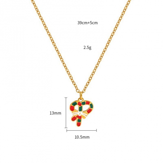18K Real Gold Plated Christmas Candy Cane Pendant Charm Necklace, 304 Stainless Steel 39cm(15.4") + 5cm(2"), For Women, Multicolor Enamel Exquisite Stylish Gift, Vacuum Plating, 1 Piece の画像
