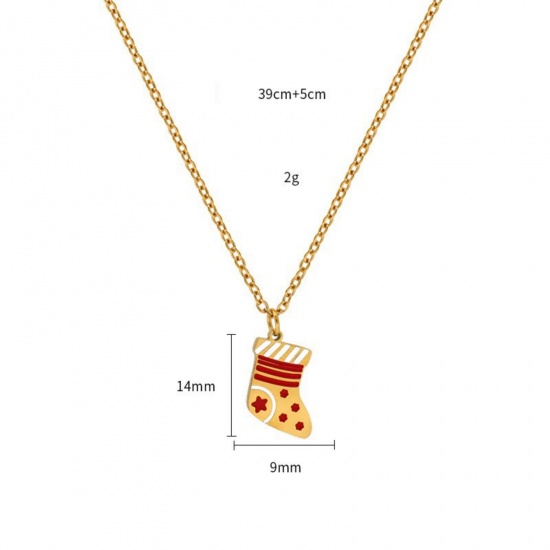 18K Real Gold Plated Christmas Stocking Pendant Charm Necklace, 304 Stainless Steel 39cm(15.4") + 5cm(2"), For Women, Red Enamel Exquisite Stylish Gift, Vacuum Plating, 1 Piece の画像