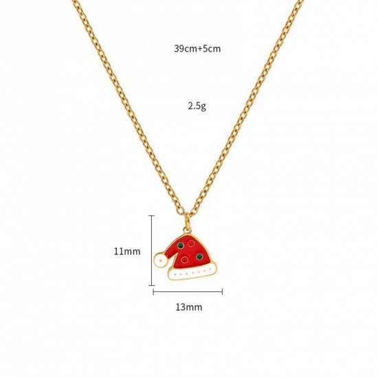 18K Real Gold Plated Christmas Hats Pendant Charm Necklace, 304 Stainless Steel 39cm(15.4") + 5cm(2"), For Women, Red Enamel Exquisite Stylish Gift, Vacuum Plating, 1 Piece の画像