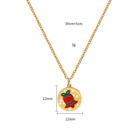 18K Real Gold Plated Round Disc Pendant Charm Necklace, 304 Stainless Steel 39cm(15.4") + 5cm(2"), For Women, Christmas Jingle Bell Red Enamel Exquisite Stylish Gift, Vacuum Plating, 1 Piece の画像
