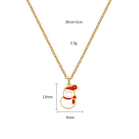 18K Real Gold Plated Christmas Snowman Pendant Charm Necklace, 304 Stainless Steel 39cm(15.4") + 5cm(2"), For Women, White Enamel Exquisite Stylish Gift, Vacuum Plating, 1 Piece の画像