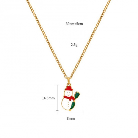 18K Real Gold Plated Christmas Santa Claus Pendant Charm Necklace, 304 Stainless Steel 39cm(15.4") + 5cm(2"), For Women, White Enamel Exquisite Stylish Gift, Vacuum Plating, 1 Piece の画像