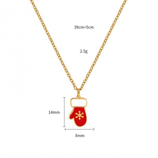 18K Real Gold Plated Glove Pendant Charm Necklace, 304 Stainless Steel 39cm(15.4") + 5cm(2"), For Women, Red Enamel Christmas Stylish Gift, Vacuum Plating, 1 Piece の画像