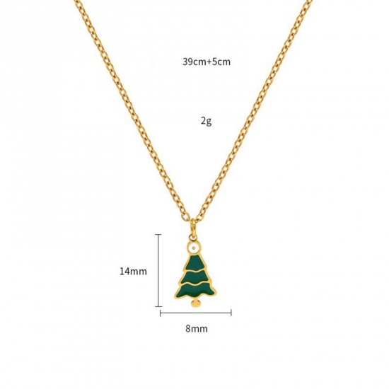 18K Real Gold Plated Christmas Tree Pendant Charm Necklace, 304 Stainless Steel 39cm(15.4") + 5cm(2"), For Women, Green Enamel Exquisite Stylish Gift, Vacuum Plating, 1 Piece の画像