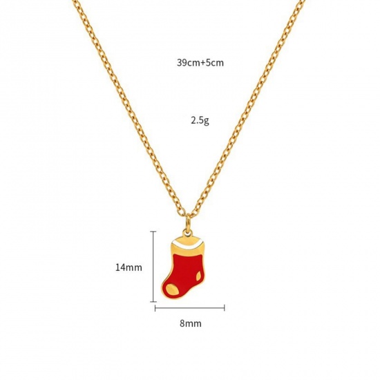 18K Real Gold Plated Christmas Stocking Pendant Charm Necklace, 304 Stainless Steel 39cm(15.4") + 5cm(2"), For Women, Red Enamel Exquisite Stylish Gift, Vacuum Plating, 1 Piece の画像