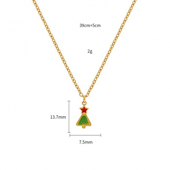 18K Real Gold Plated Christmas Tree Pendant Charm Necklace, 304 Stainless Steel 39cm(15.4") + 5cm(2"), For Women, Green Enamel Exquisite Stylish Gift, Vacuum Plating, 1 Piece の画像