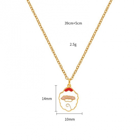18K Real Gold Plated Christmas Santa Claus Pendant Charm Necklace, 304 Stainless Steel 39cm(15.4") + 5cm(2"), For Women, White Enamel Exquisite Stylish Gift, Vacuum Plating, 1 Piece の画像