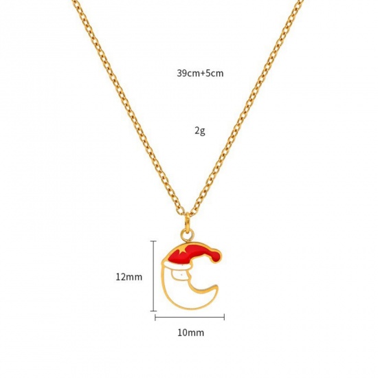18K Real Gold Plated Christmas Santa Claus Pendant Charm Necklace, 304 Stainless Steel 39cm(15.4") + 5cm(2"), For Women, Red Enamel Exquisite Stylish Gift, Vacuum Plating, 1 Piece の画像