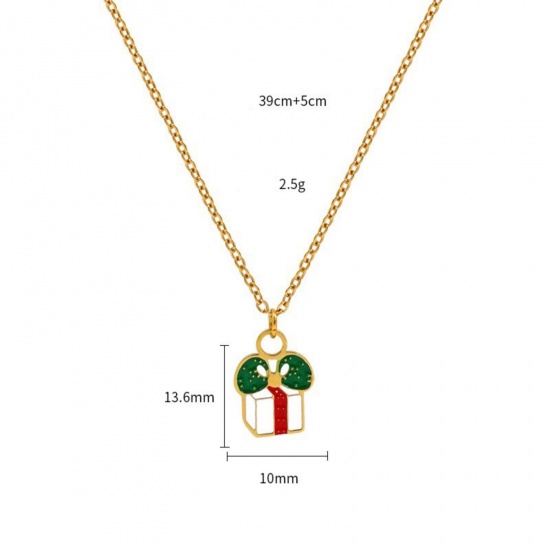 18K Real Gold Plated Gift Box Pendant Charm Necklace, 304 Stainless Steel 39cm(15.4") + 5cm(2"), For Women, Multicolor Enamel Christmas Stylish Gift, Vacuum Plating, 1 Piece の画像