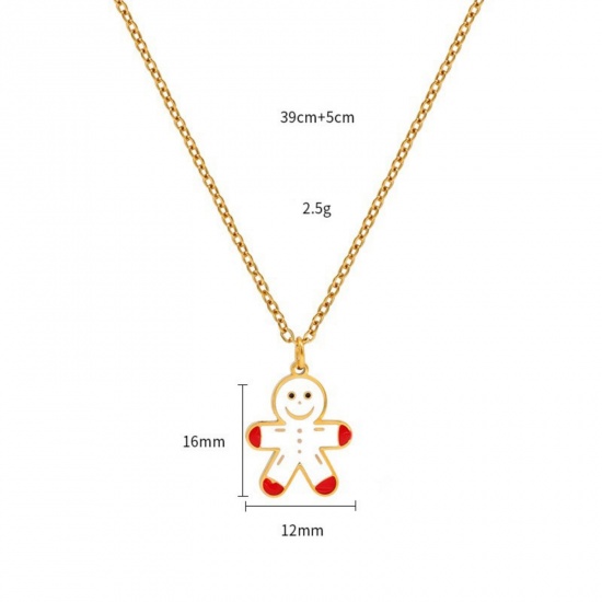 18K Real Gold Plated Christmas Ginger Bread Man Pendant Charm Necklace, 304 Stainless Steel 39cm(15.4") + 5cm(2"), For Women, White Enamel Exquisite Stylish Gift, Vacuum Plating, 1 Piece の画像