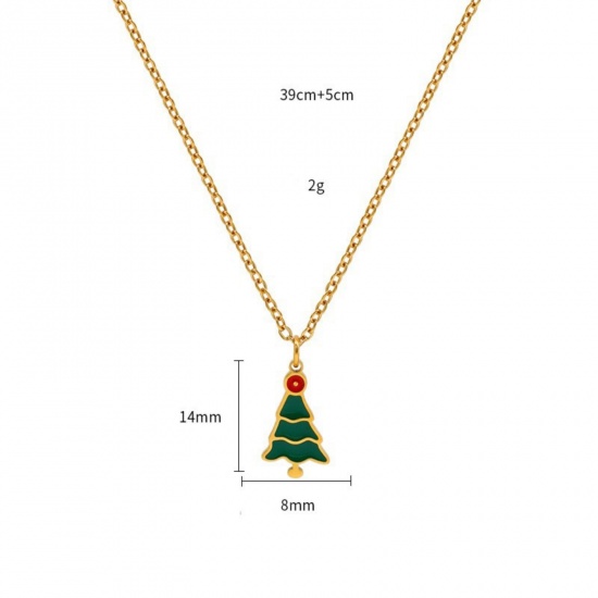 18K Real Gold Plated Christmas Tree Pendant Charm Necklace, 304 Stainless Steel 39cm(15.4") + 5cm(2"), For Women, Green Enamel Exquisite Stylish Gift, Vacuum Plating, 1 Piece の画像