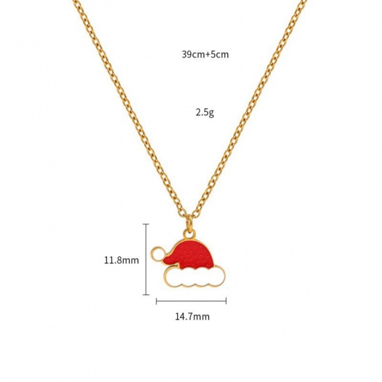 18K Real Gold Plated Christmas Hats Pendant Charm Necklace, 304 Stainless Steel 39cm(15.4") + 5cm(2"), For Women, Red Enamel Exquisite Stylish Gift, Vacuum Plating, 1 Piece の画像