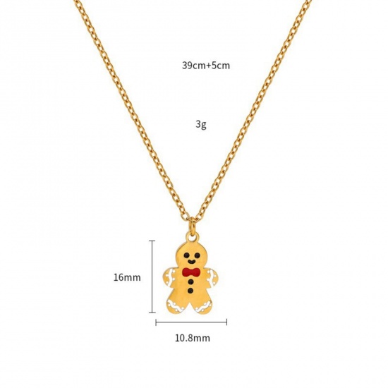 18K Real Gold Plated Christmas Ginger Bread Man Pendant Charm Necklace, 304 Stainless Steel 39cm(15.4") + 5cm(2"), For Women, Khaki Enamel Exquisite Stylish Gift, Vacuum Plating, 1 Piece の画像