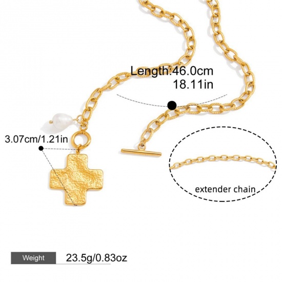 Immagine di 18K Real Gold Plated Cross Pendant Charm Necklace, 304 Stainless Steel & Natural Pearl 46cm(18.1"), For Women, White Religious Stylish Gift, Vacuum Plating, 1 Piece