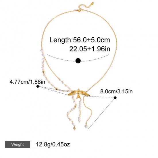 Immagine di 18K Real Gold Plated Bird Animal Pendant Charm Necklace, 304 Stainless Steel & Natural Pearl 56cm(22") + 5cm(2"), For Women, Exquisite Stylish Gift, Vacuum Plating, 1 Piece