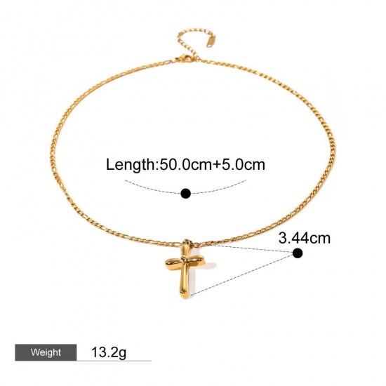 Immagine di 18K Real Gold Plated Cross Pendant Charm Necklace, 304 Stainless Steel 50cm(19.7") + 5cm(2"), For Women, Religious Stylish Gift, Vacuum Plating, 1 Piece