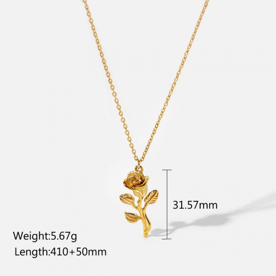 Immagine di 18K Real Gold Plated Rose Flower Pendant Charm Necklace, 304 Stainless Steel 41cm(16.1") + 5cm(2"), For Women, Exquisite Stylish Gift, Vacuum Plating, 1 Piece