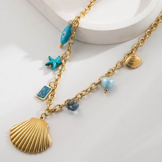 Immagine di 18K Gold Plated Shell Pendant Charm Necklace, 304 Stainless Steel 40cm(15.7") + 6cm(2.4"), For Women, Ocean Jewelry Stylish Gift, Eco-friendly, 1 Piece