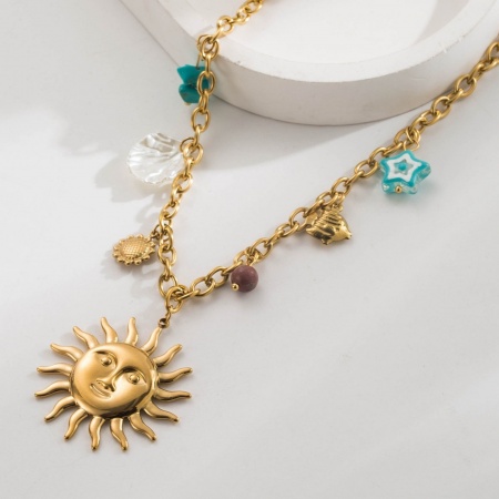 Picture of Wholesale Sun Pendant Charm Necklace, 18K Gold Plated 304 Stainless Steel Women's Eco-friendly Galaxy Stylish Gift Jewelry For Retailer, 40cm(15.7") + 6cm(2.4") long, 1 Piece