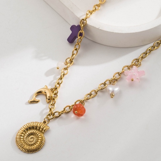 Immagine di 18K Gold Plated Conch/ Sea Snail Pendant Charm Necklace, 304 Stainless Steel 40cm(15.7") + 6cm(2.4"), For Women, Ocean Jewelry Stylish Gift, Eco-friendly, 1 Piece