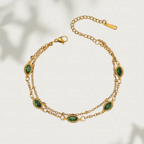 1 Piece Vacuum Plating Stylish Exquisite 18K Real Gold Plated Green 304 Stainless Steel & Rhinestone Bracelets For Women Gift 17cm(6.7") long の画像