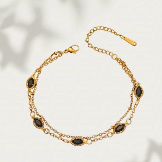 1 Piece Vacuum Plating Stylish Exquisite 18K Real Gold Plated Black 304 Stainless Steel & Rhinestone Bracelets For Women Gift 17cm(6.7") long の画像