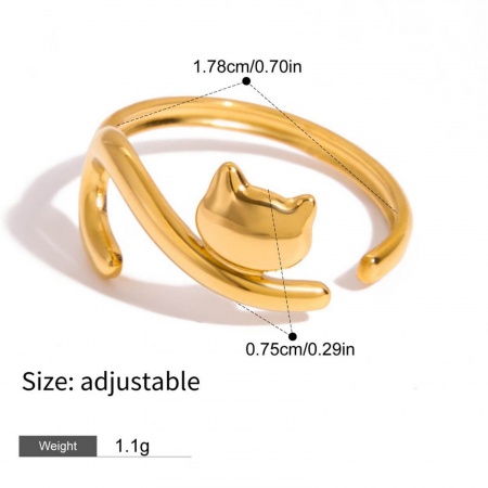 Picture of Wholesale Women's Gift Cat Animal Open Adjustable Rings, 18K Real Gold Plated 304 Stainless Steel, Eco-friendly Vacuum Plating Waterproof Anti-Tarnish Hypoallergenic Pet Memorial Sweet & Cute Jewelry Supply, 17.8mm(US Size 7.5), 1 Piece