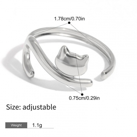 Picture of Wholesale Women's Gift Cat Animal Open Adjustable Rings, Silver Tone 304 Stainless Steel, Vacuum Plating Pet Memorial Sweet & Cute Jewelry Supply, 17.8mm(US Size 7.5), 1 Piece