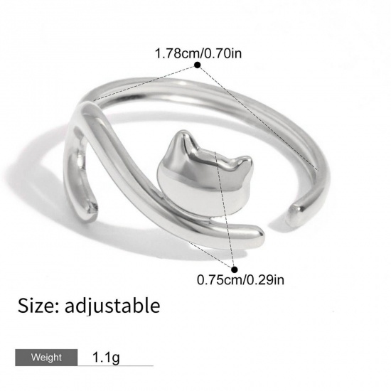 Immagine di 1 Piece Vacuum Plating Sweet & Cute Pet Memorial Silver Tone 304 Stainless Steel Open Adjustable Cat Animal Rings For Women Gift 17.8mm(US Size 7.5)
