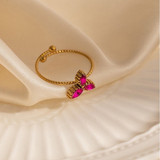 1 Piece Eco-friendly Stylish Exquisite 18K Gold Plated Fuchsia 201 Stainless Steel Open Adjustable Leaf Clover Shamrock Rings For Women Gift 19.3mm(US Size 9.5) の画像
