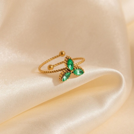 Picture of Wholesale Women's Gift Leaf Clover Shamrock Green Open Adjustable Rings, 18K Gold Plated 201 Stainless Steel, Eco-friendly Exquisite Stylish Jewelry Supply, 19.3mm(US Size 9.5), 1 Piece