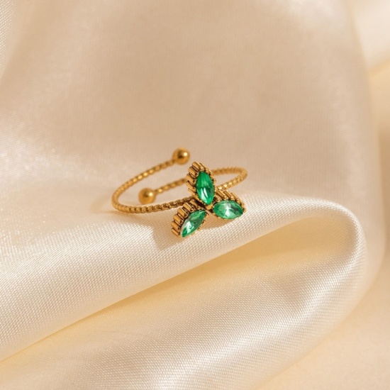 1 Piece Eco-friendly Stylish Exquisite 18K Gold Plated Green 201 Stainless Steel Open Adjustable Leaf Clover Shamrock Rings For Women Gift 19.3mm(US Size 9.5) の画像