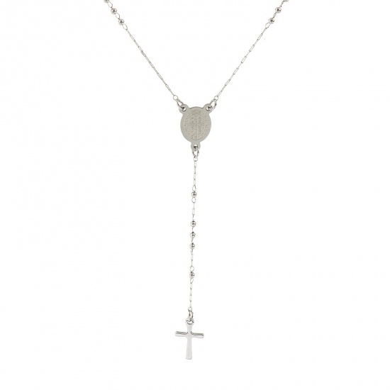 Picture of Silver Tone Beaded Chain Cross Prayer Beads Rosary Necklace, 304 Stainless Steel 53cm(20.9"), For Women, St. Benedict Medal Religious Retro Gift, Eco-friendly, 1 Piece