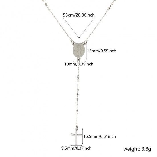 Picture of Silver Tone Beaded Chain Cross Prayer Beads Rosary Necklace, 304 Stainless Steel 53cm(20.9"), For Women, St. Benedict Medal Religious Retro Gift, Eco-friendly, 1 Piece