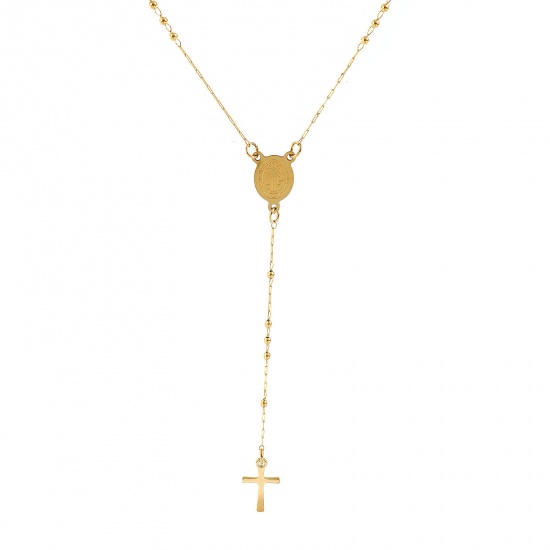 Picture of 18K Real Gold Plated Beaded Chain Cross Prayer Beads Rosary Necklace, 304 Stainless Steel 53cm(20.9"), For Women, St. Benedict Medal Religious Retro Gift, Eco-friendly PVD Vacuum Plating, 1 Piece