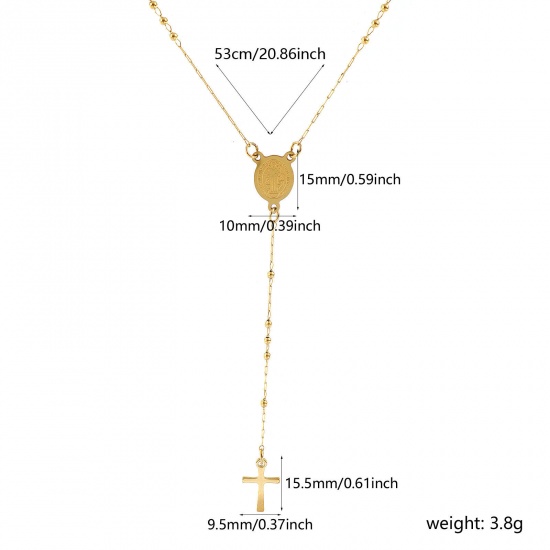 Picture of 18K Real Gold Plated Beaded Chain Cross Prayer Beads Rosary Necklace, 304 Stainless Steel 53cm(20.9"), For Women, St. Benedict Medal Religious Retro Gift, Eco-friendly PVD Vacuum Plating, 1 Piece