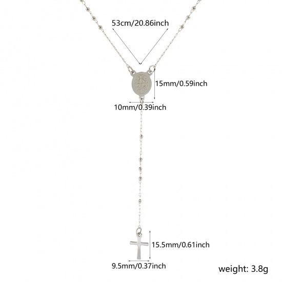 Picture of Silver Tone Beaded Chain Cross Prayer Beads Rosary Necklace, 304 Stainless Steel 53cm(20.9"), For Women, Virgin Mary Religious Retro Gift, Eco-friendly, 1 Piece