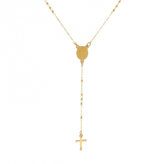 Picture of 18K Real Gold Plated Beaded Chain Cross Prayer Beads Rosary Necklace, 304 Stainless Steel 53cm(20.9"), For Women, Virgin Mary Religious Retro Gift, Eco-friendly PVD Vacuum Plating, 1 Piece