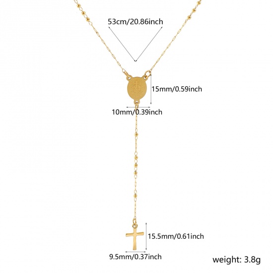 Picture of 18K Real Gold Plated Beaded Chain Cross Prayer Beads Rosary Necklace, 304 Stainless Steel 53cm(20.9"), For Women, Virgin Mary Religious Retro Gift, Eco-friendly PVD Vacuum Plating, 1 Piece