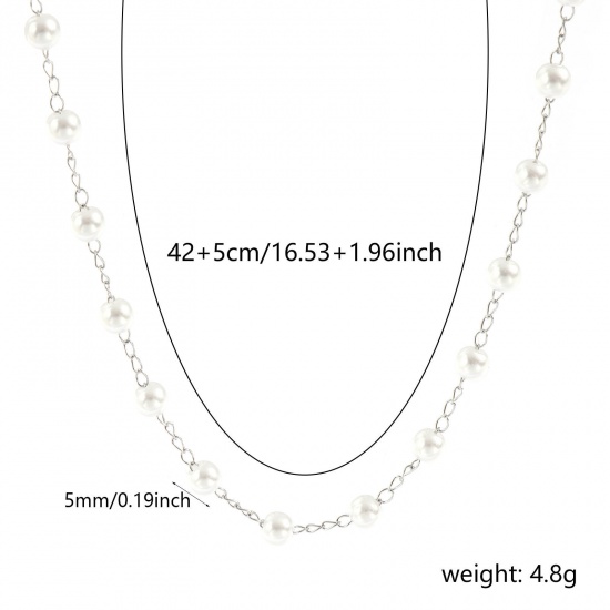 Picture of 1 Piece Silver Tone Beaded Chain Necklace, 304 Stainless Steel & Acrylic 42cm(16.5") + 5cm(2"), Chain Size: 5mm, For Women, White Simple & Casual Exquisite Gift, Eco-friendly