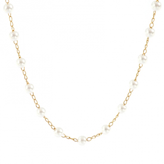 Picture of 1 Piece 18K Real Gold Plated Beaded Chain Necklace, 304 Stainless Steel & Acrylic 42cm(16.5") + 5cm(2"), Chain Size: 5mm, For Women, White Simple & Casual Exquisite House Warming, Eco-friendly PVD Vacuum Plating