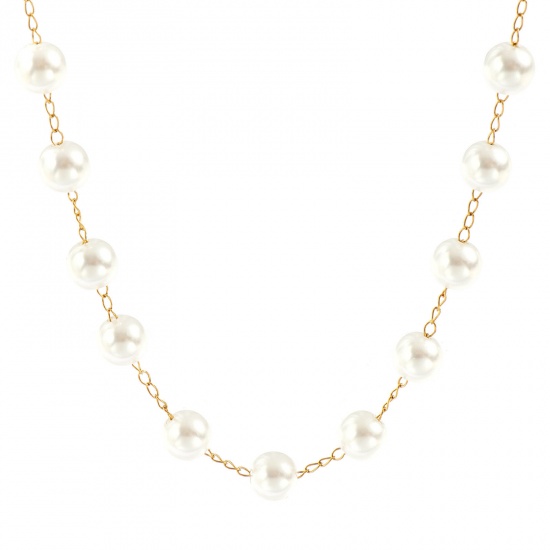 Picture of 1 Piece 18K Real Gold Plated Beaded Chain Necklace, 304 Stainless Steel & Acrylic 42cm(16.5") + 5cm(2"), Chain Size: 8mm, For Women, White Simple & Casual Exquisite Gift, Eco-friendly PVD Vacuum Plating