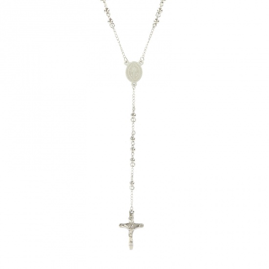 Picture of Silver Tone Beaded Chain Cross Prayer Beads Rosary Necklace, 304 Stainless Steel 66cm(26"), For Women, St. Benedict Medal Religious Retro Gift, Eco-friendly, 1 Piece