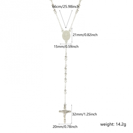 Picture of Silver Tone Beaded Chain Cross Prayer Beads Rosary Necklace, 304 Stainless Steel 66cm(26"), For Women, St. Benedict Medal Religious Retro Gift, Eco-friendly, 1 Piece