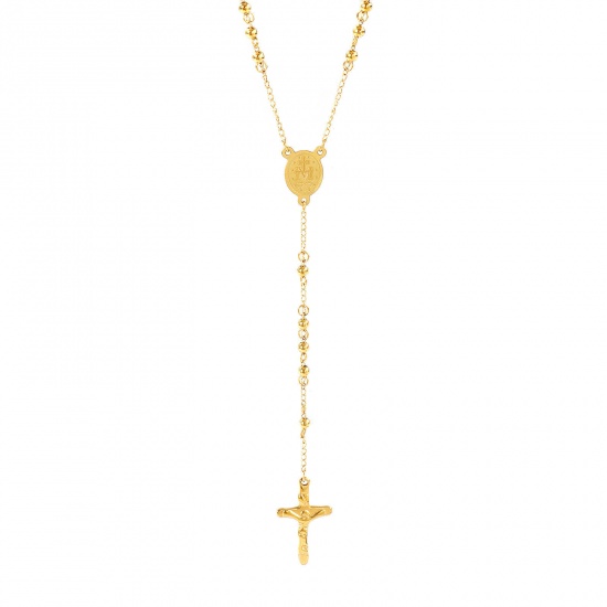 Picture of 18K Real Gold Plated Beaded Chain Cross Prayer Beads Rosary Necklace, 304 Stainless Steel 66cm(26"), For Women, St. Benedict Medal Religious Retro Gift, Eco-friendly PVD Vacuum Plating, 1 Piece