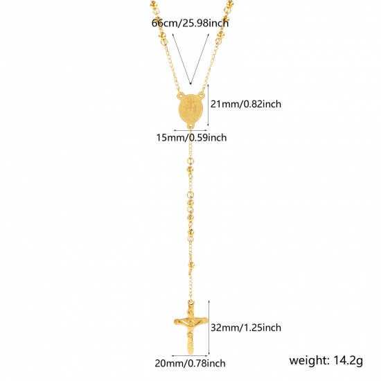 Picture of 18K Real Gold Plated Beaded Chain Cross Prayer Beads Rosary Necklace, 304 Stainless Steel 66cm(26"), For Women, St. Benedict Medal Religious Retro Gift, Eco-friendly PVD Vacuum Plating, 1 Piece